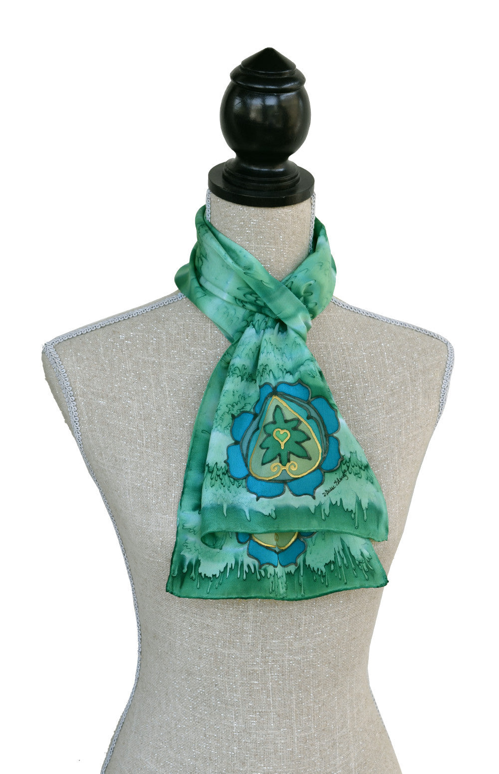 Hand-painted silk scarf green colour energy heart chakra