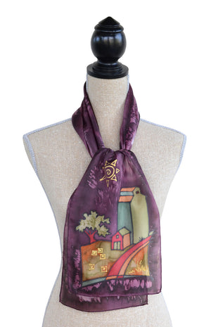 Hand-painted silk grain elevator scarf on mannequin