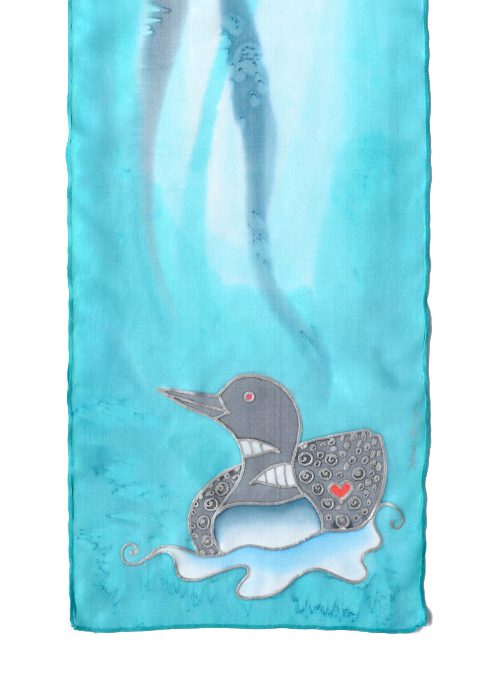 Hand-Painted silk scarf with Canadian loon design in tint lagoon blue (mint)