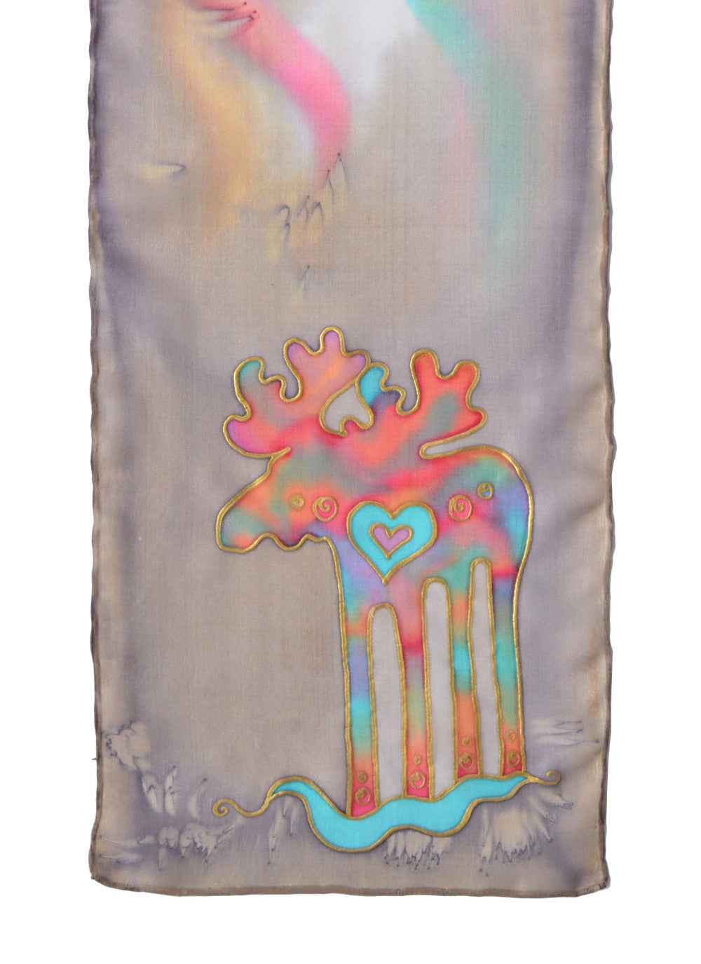Hand-painted silk scarf with Canadian moose design in desert sand (taupe)