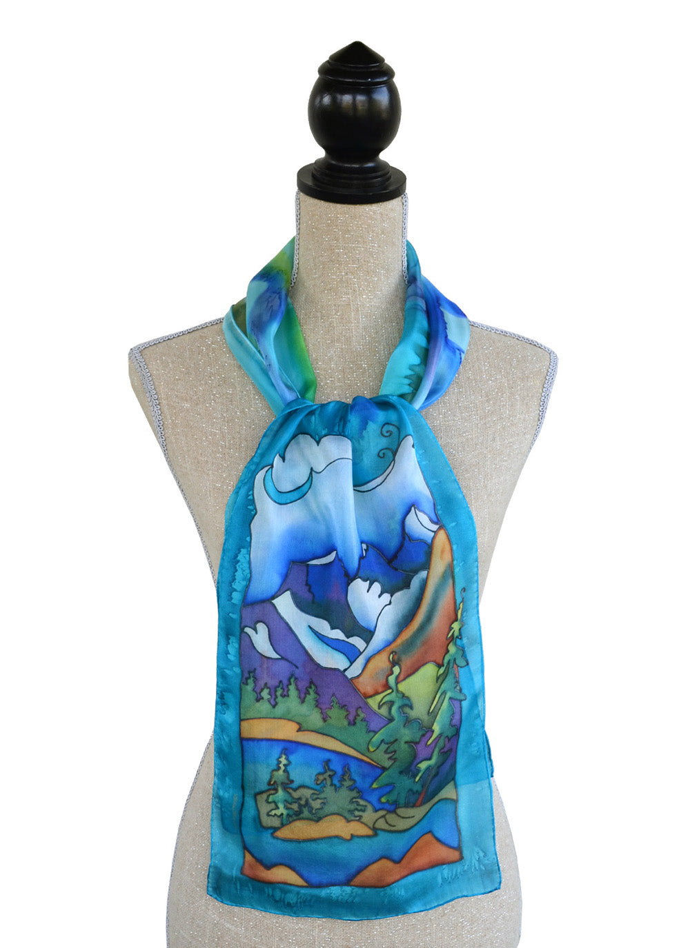 Hand-painted silk rocky mountain scene scarf