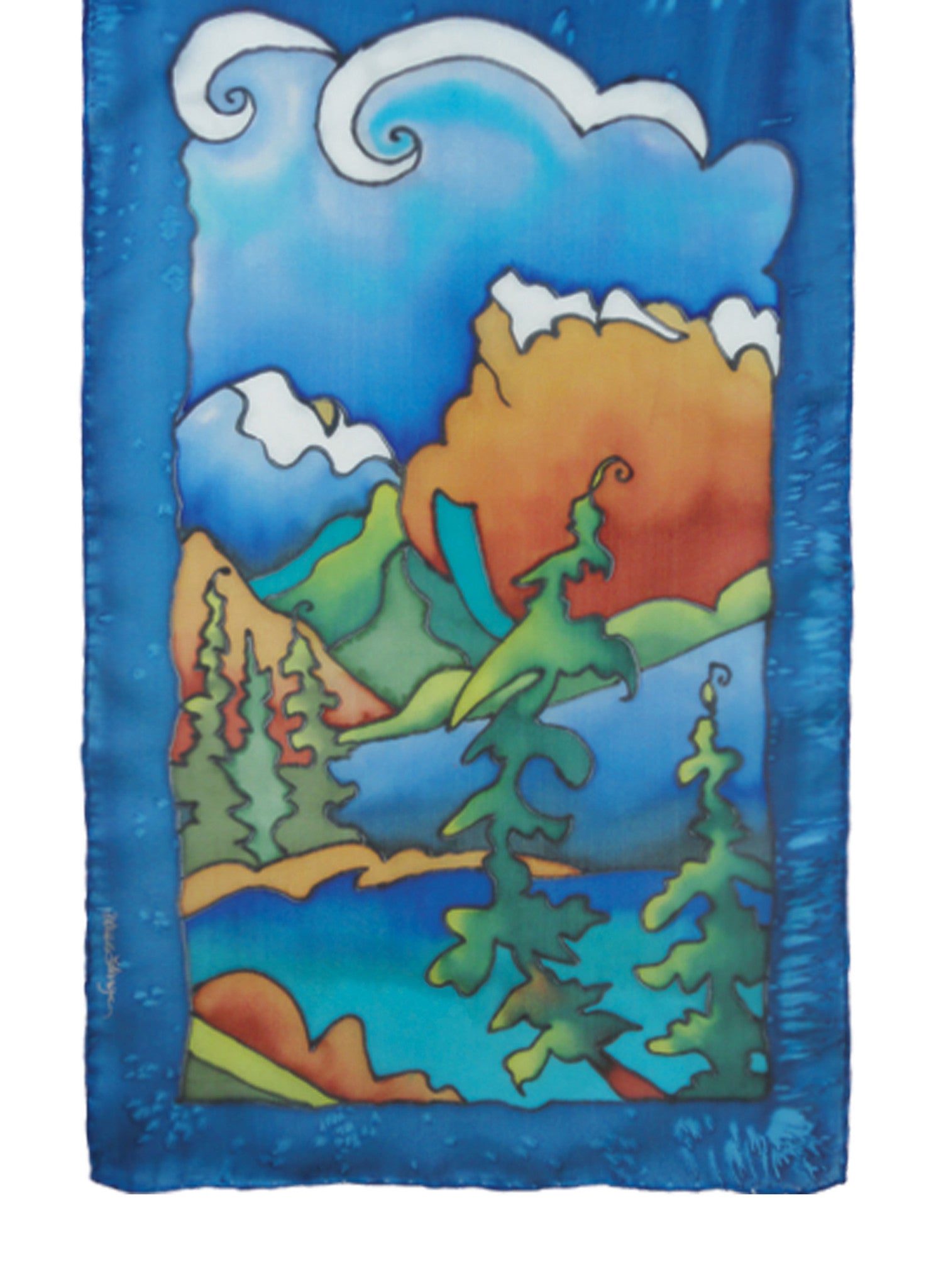 Hand-painted silk rocky mountain scene scarf