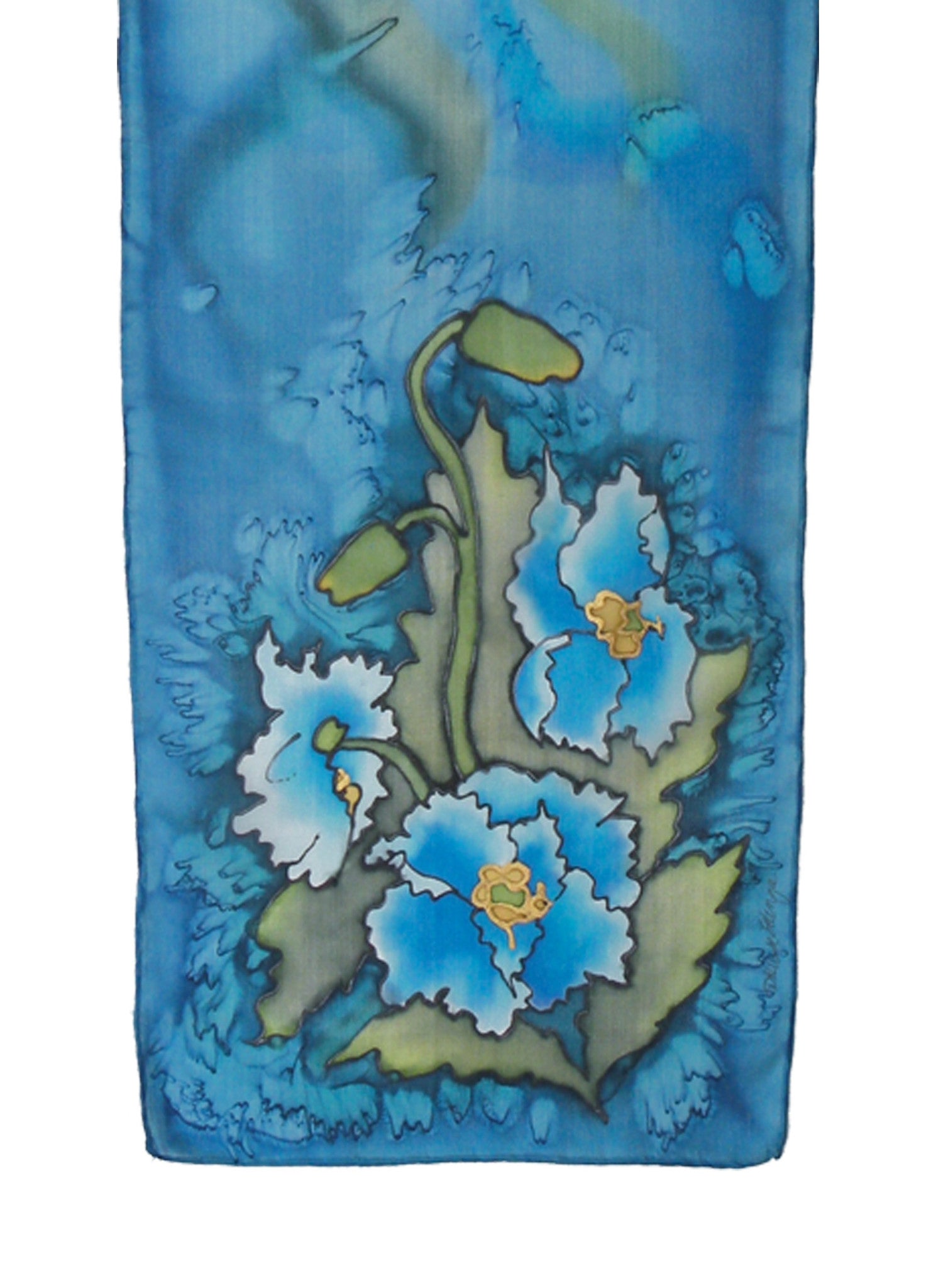 Hand-painted silk scarf with blue poppy design and blue background