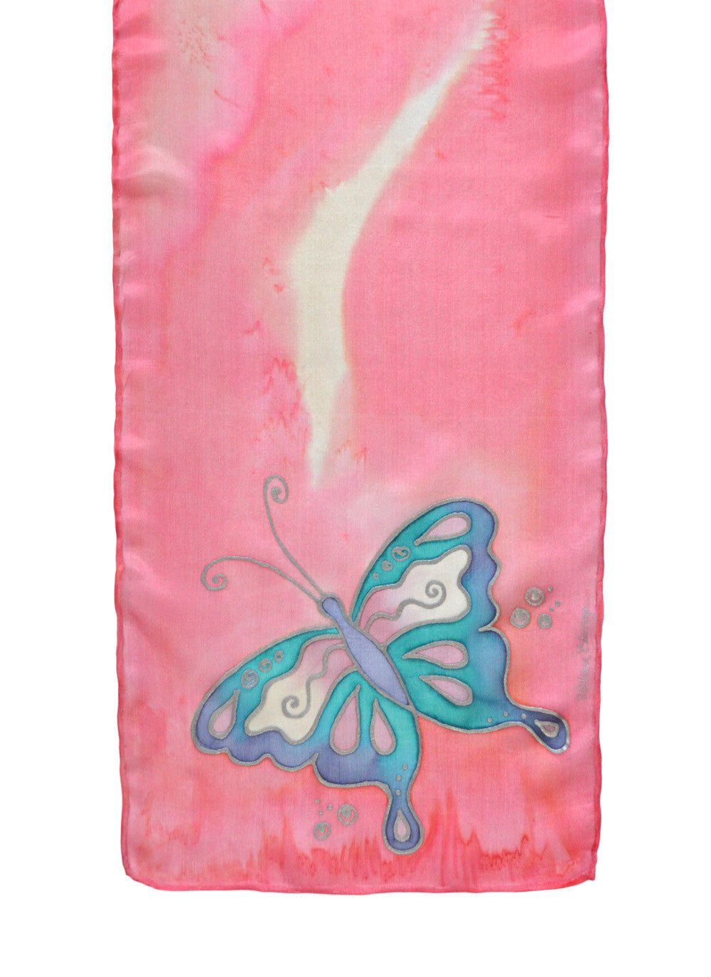 Silk scarf with butterfly design shown in carnation pink