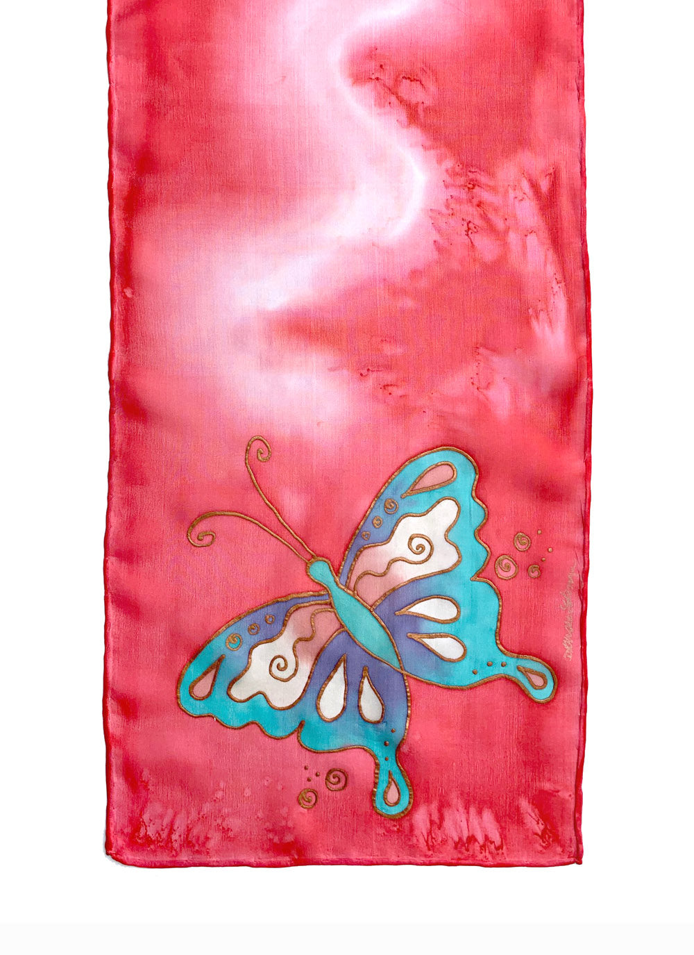 Silk scarf with butterfly design shown in carnation pink