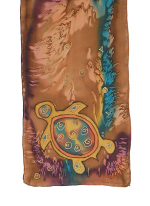 Hand-painted silk scarf brown and purple cave turtle design