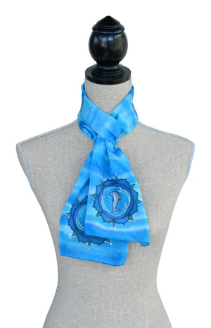 Blue colour energy / throat chakra scarf shown on mannequin