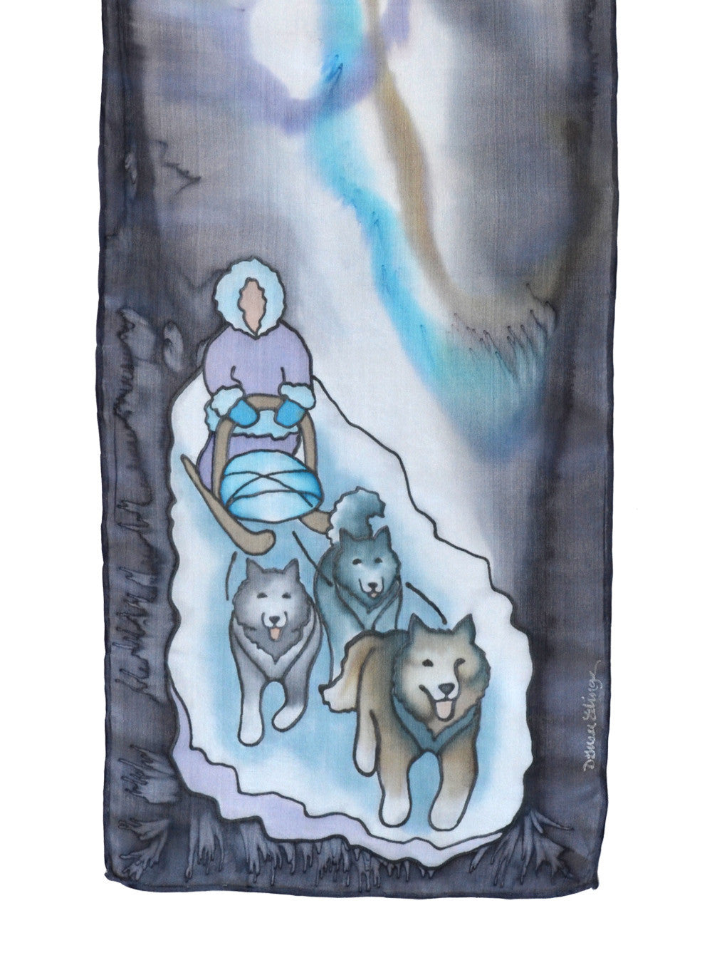 Silk scarf with dog sled design in lilac grey