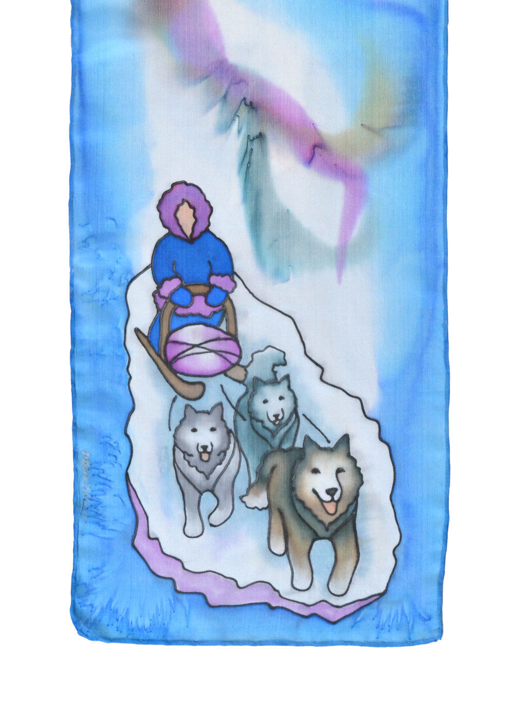 Silk scarf with dog sled design in serenity blue