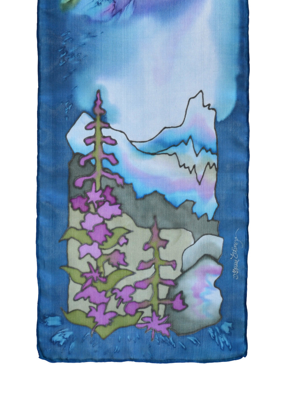 Silk scarf with fireweed design in denim blue