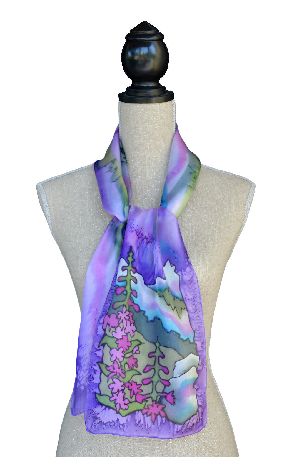 Orchid fireweed scarf shown on mannequin