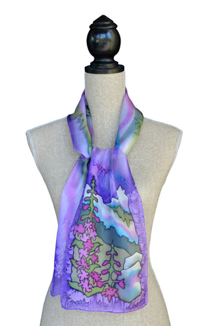 Orchid fireweed scarf shown on mannequin