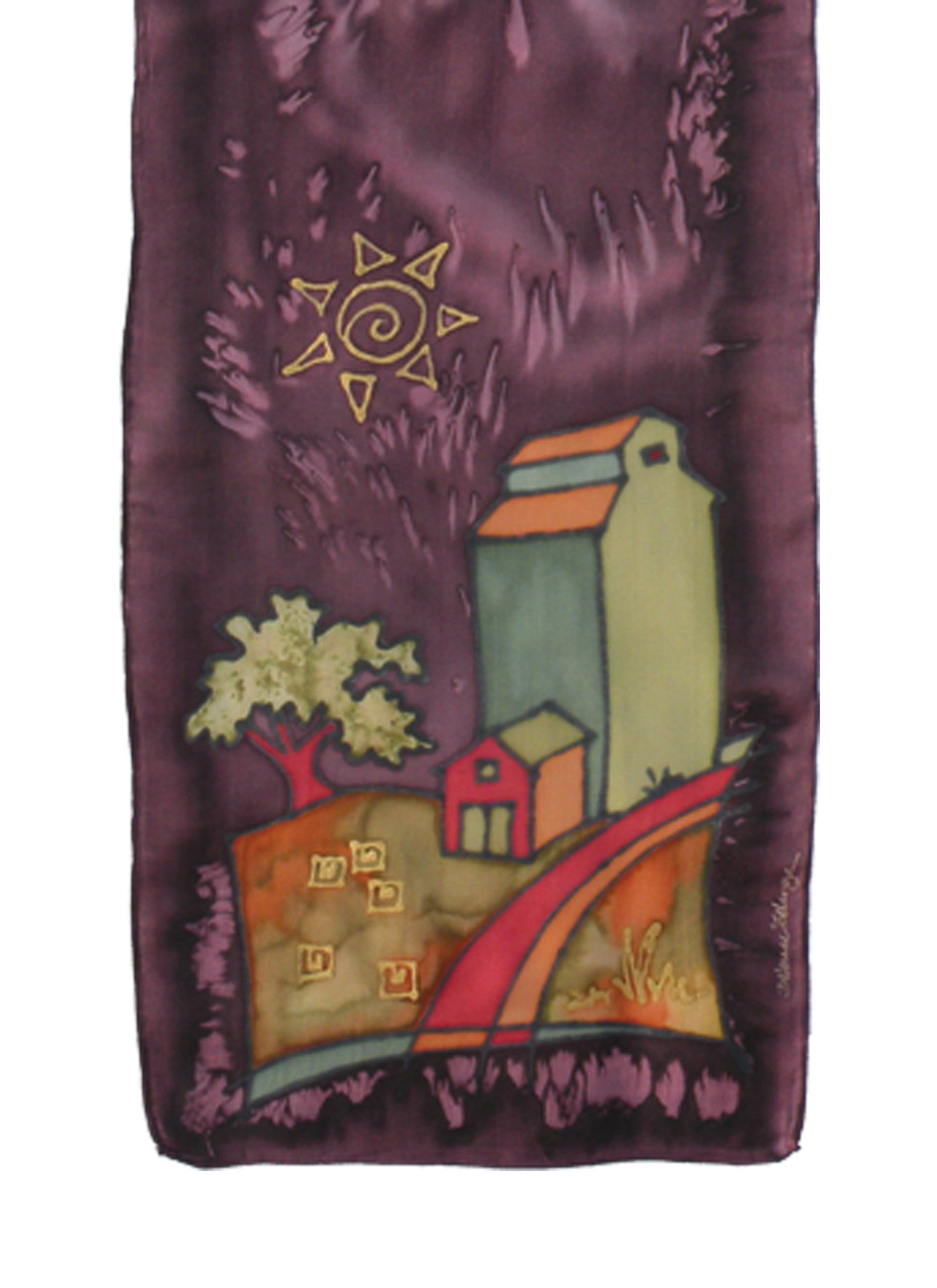 Hand-painted silk scarf purple and green grain elevator scene