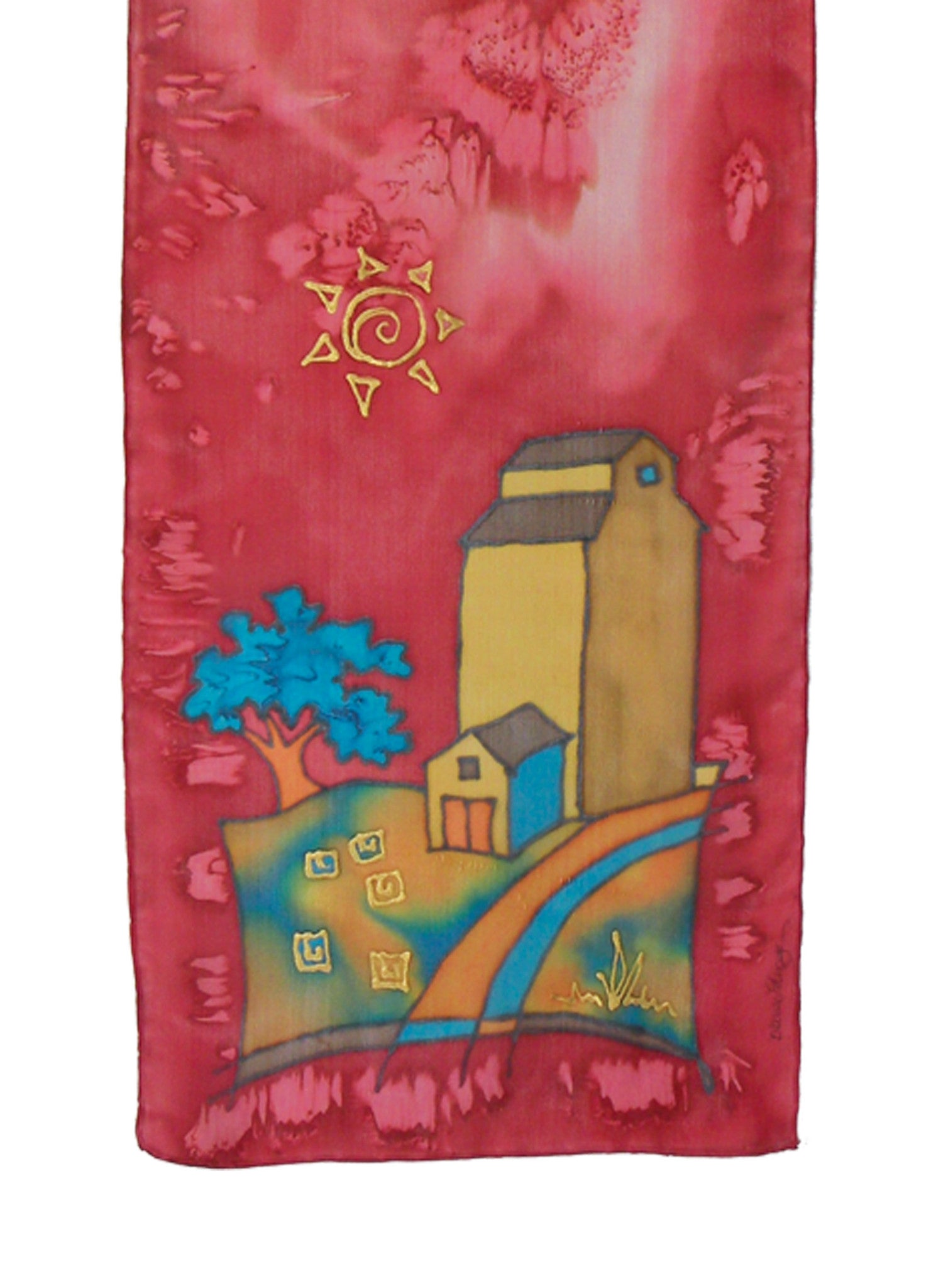 Hand-painted silk scarf red and gold grain elevator scene