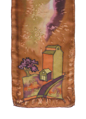 Hand-painted silk scarf brown and orange elevator scene