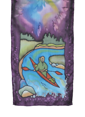 Hand-painted silk scarf kayak design purple and blue