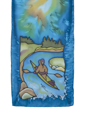 Hand-painted silk scarf kayak design blue and brown