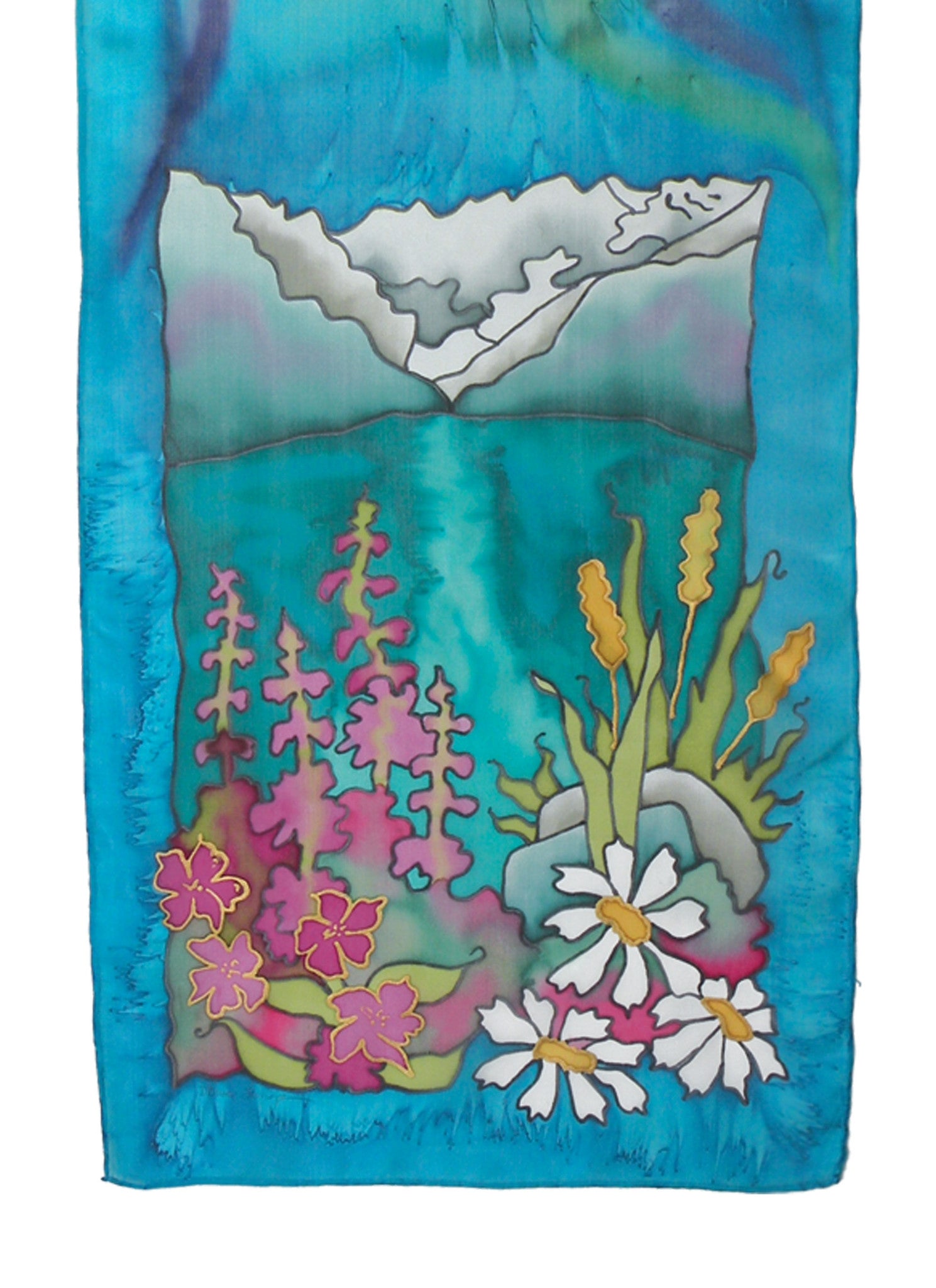 Hand-painted silk rocky mountain flowers design in blue