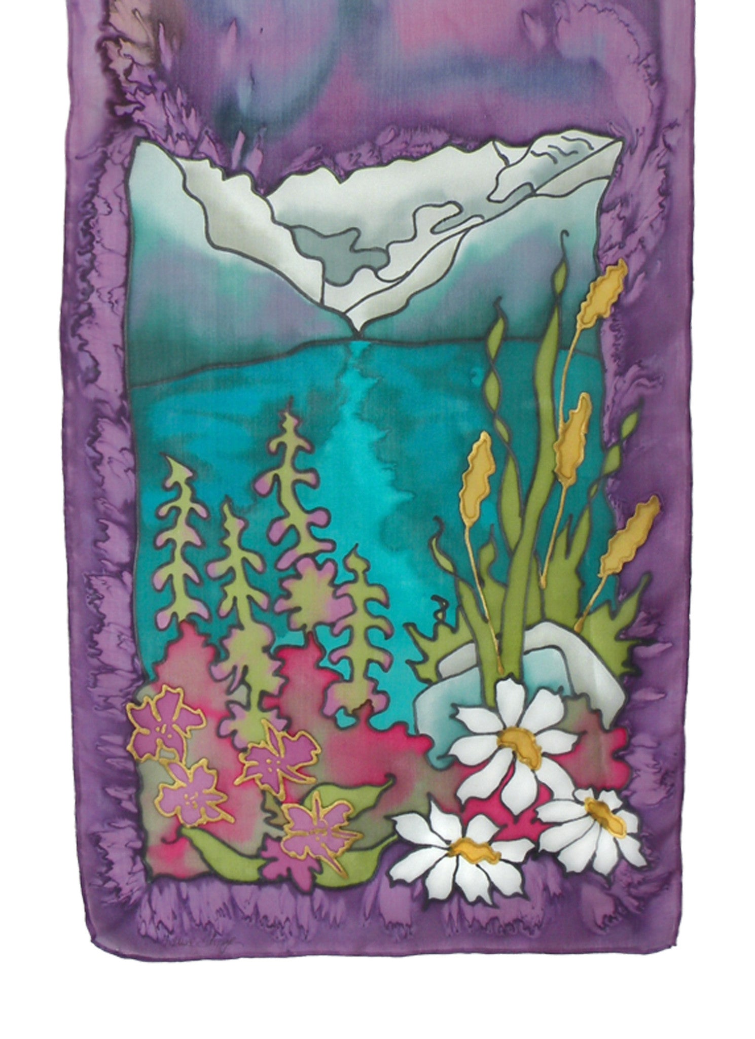 Hand-painted silk rocky mountain flowers design in blue