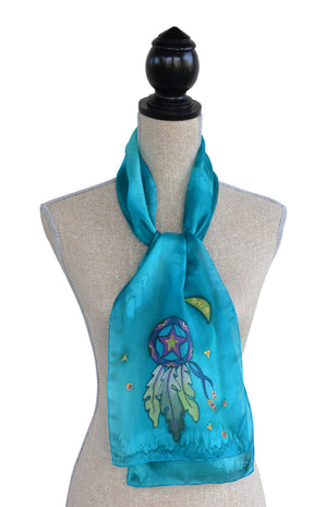 Hand-painted silk lone star design scarf on mannequin