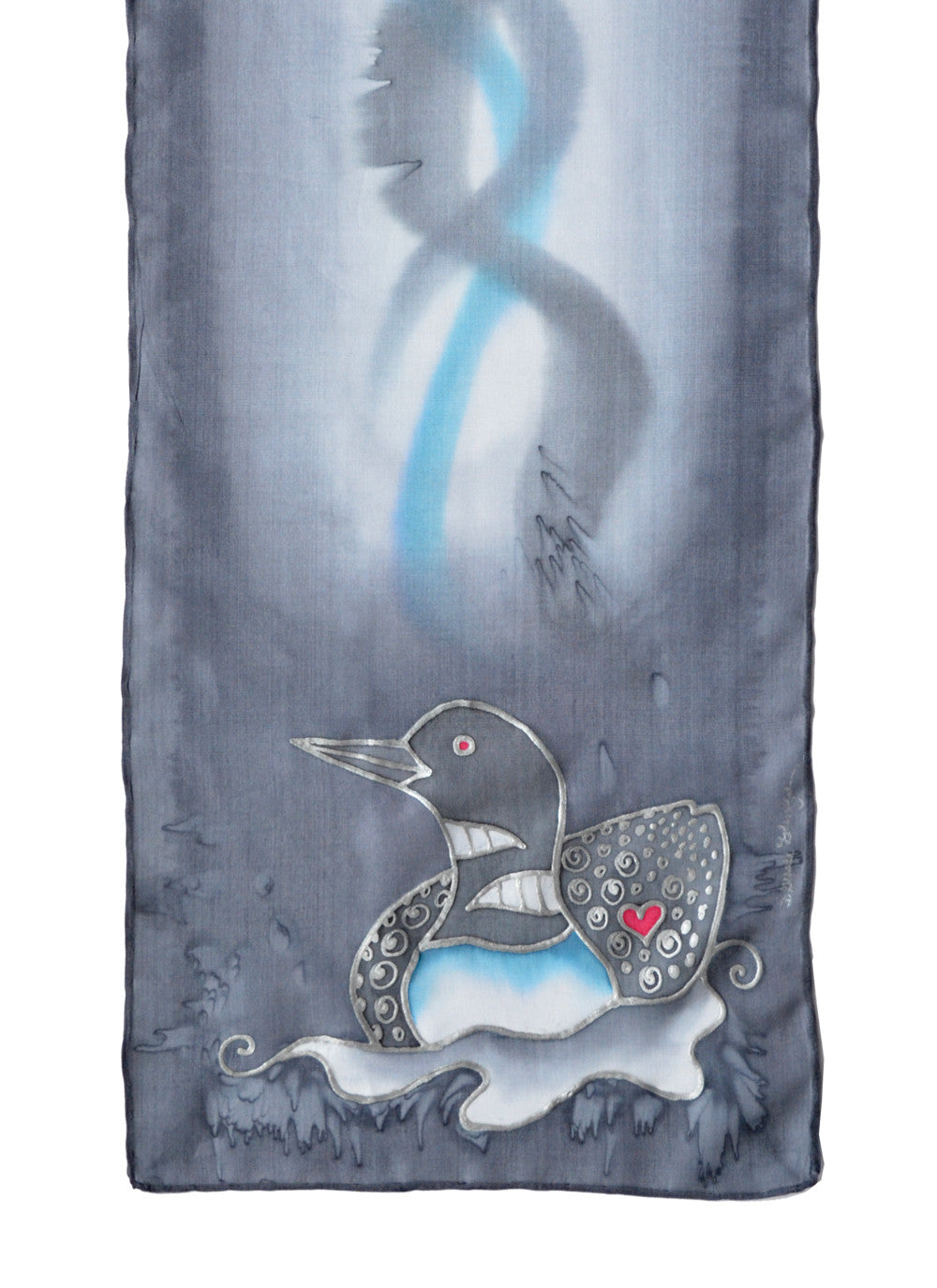 Hand-Painted silk scarf with Canadian loon design in medium grey