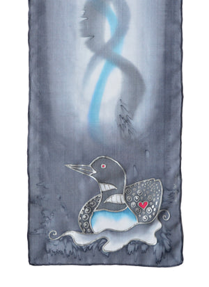 Hand-Painted silk scarf with Canadian loon design in medium grey
