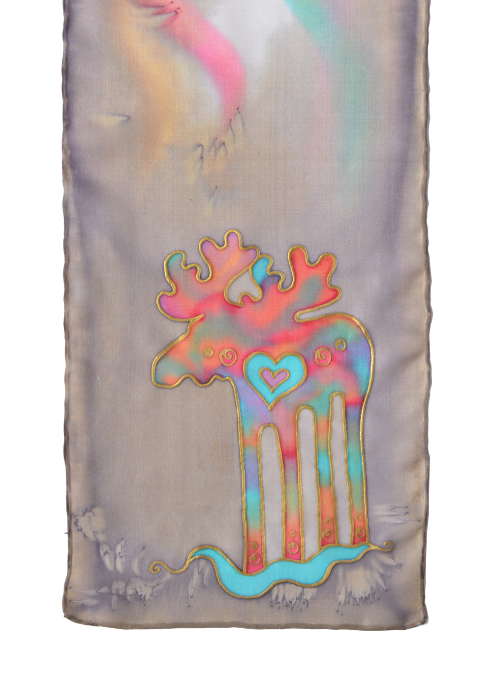 Hand-painted silk scarf with Canadian moose design in lagoon blue (muted turquoise)