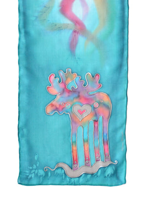 Hand-painted silk scarf with Canadian moose design in lagoon blue (muted turquoise)
