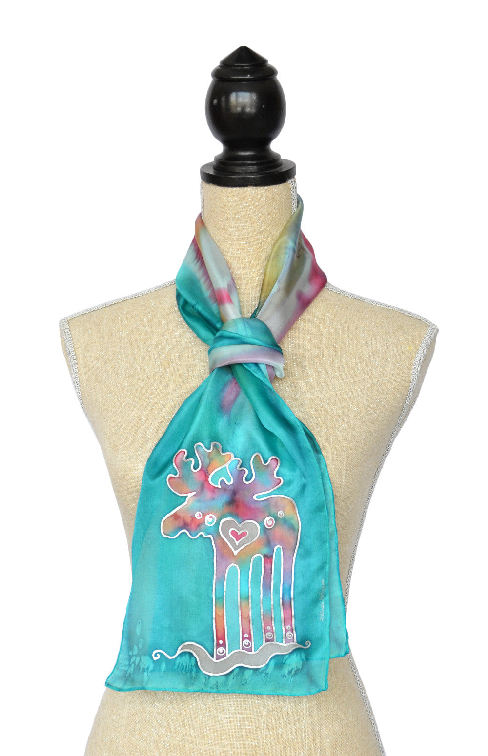 Hand-painted silk scarf with Canadian moose design in lagoon blue - shown on mannequin