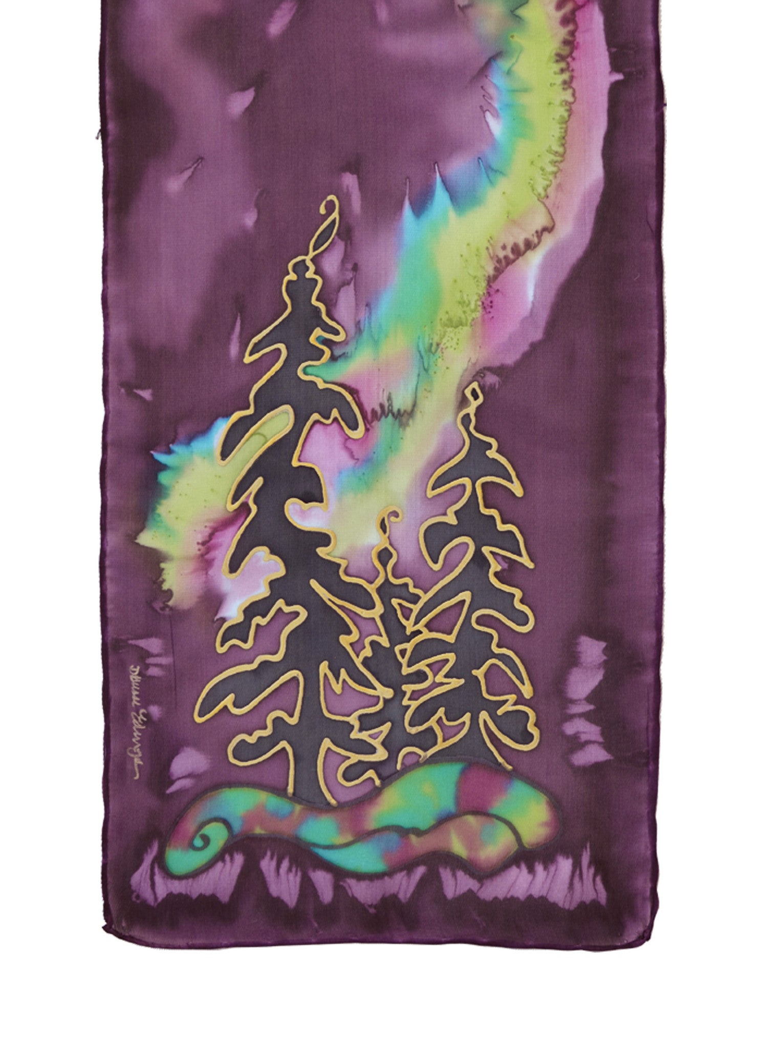 Hand-painted silk scarf northern lights design tree design purple and green