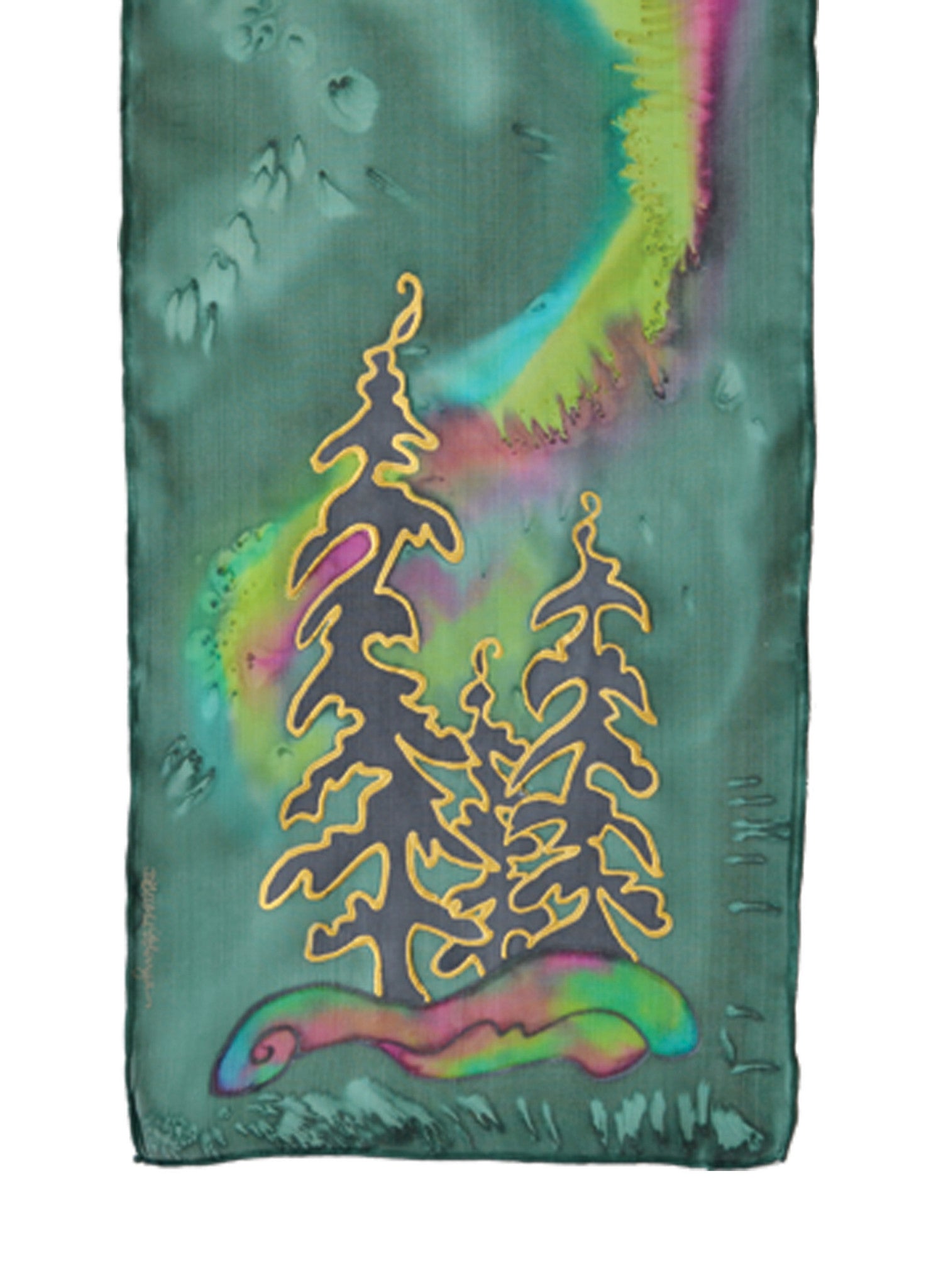 Hand-painted silk scarf northern lights design tree design green and purple