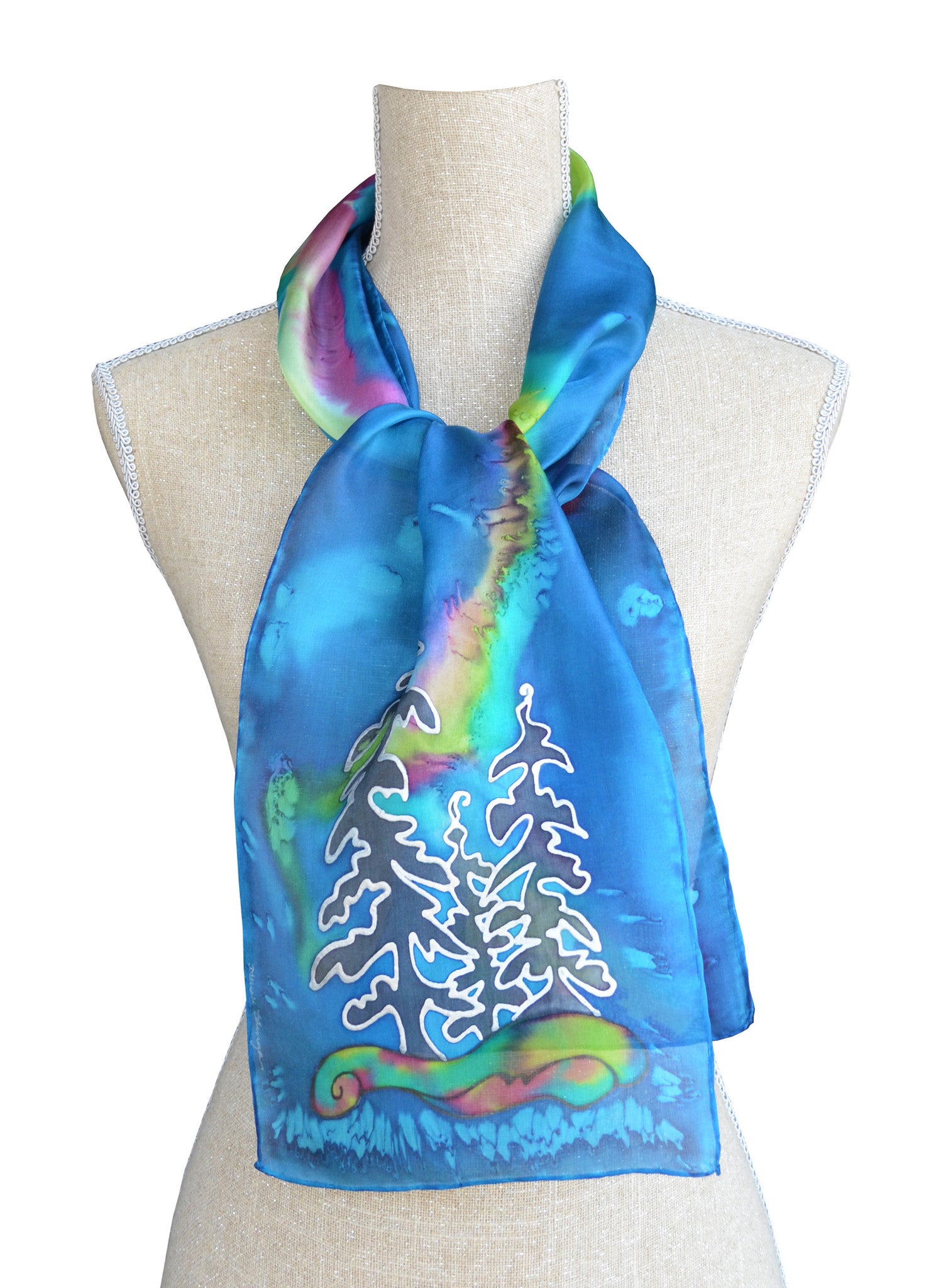 Hand-painted silk scarf blue northern lights on mannequin
