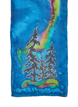 Hand-painted silk scarf northern lights design tree design blue and green