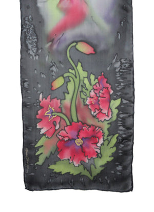 Hand-painted silk scarf red poppy design and charcoal background