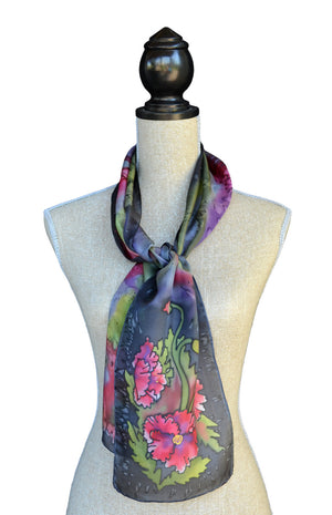 Grey poppy scarf shown on mannequin