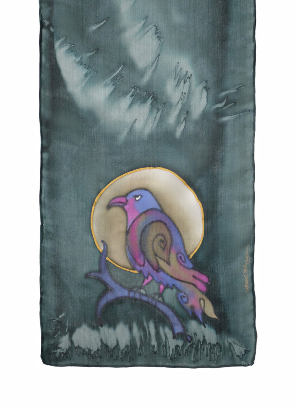 Hand-painted silk scarf raven design charcoal grey and purple