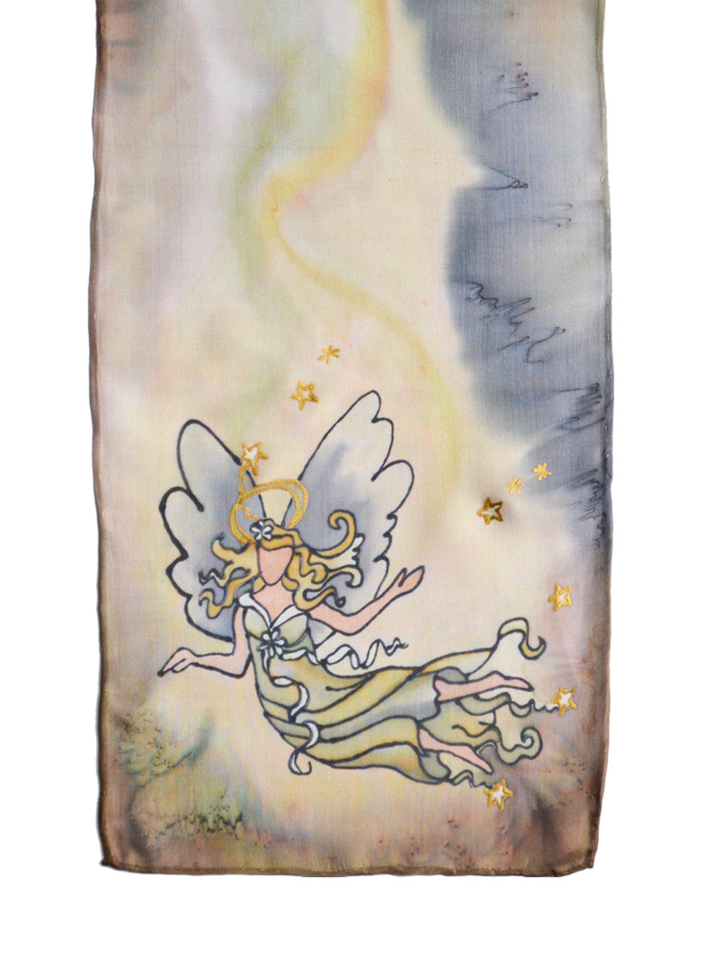Hand-painted silk scarf beige stardust angel design