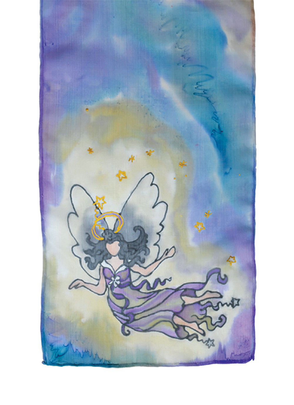 Hand-painted silk scarf purple and blue stardust angel design