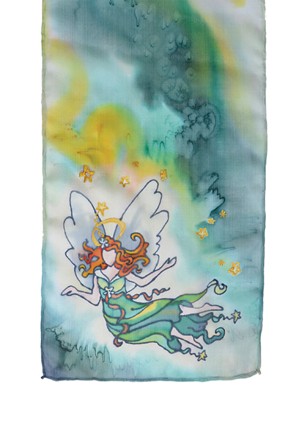Hand-painted silk scarf green and yellow stardust angel design