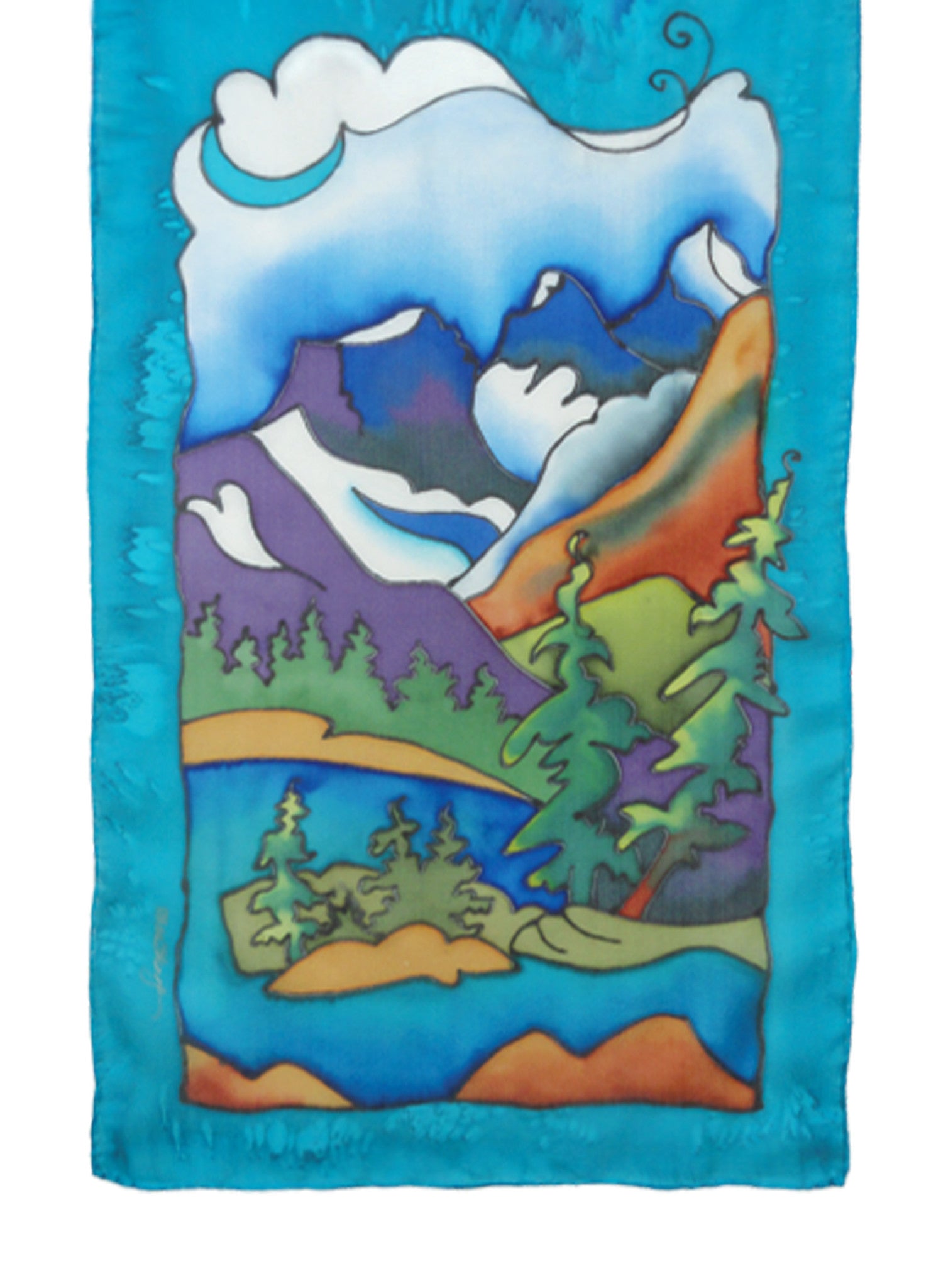 Hand-painted silk rocky mountain scene scarf