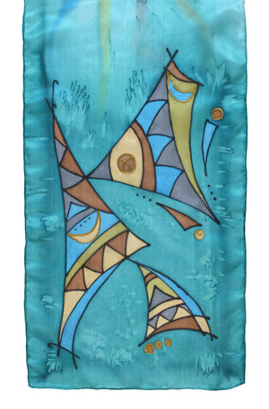 Silk scarf with "Tribal Dance" design in lagoon blue