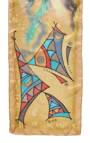 Silk scarf with "Tribal Dance" design in palomino yellow