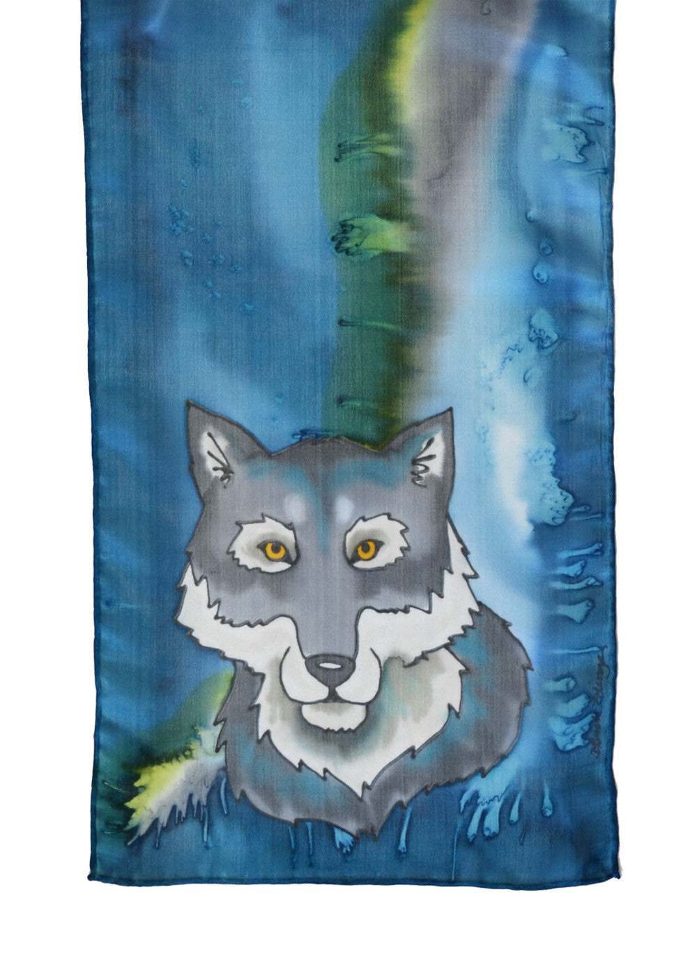 Silk scarf with wolf design in denim blue