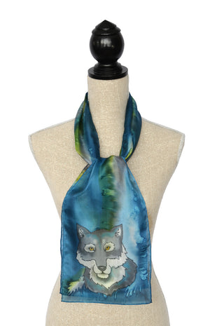 Silk scarf with wolf design shown on mannequin