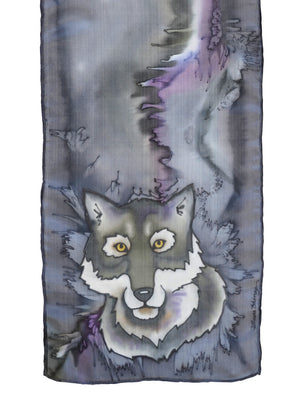 Silk scarf with wolf design in lilac grey