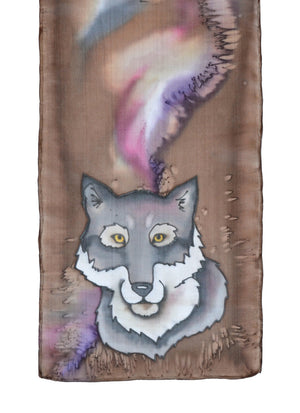 Silk scarf with wolf design in walnut brown